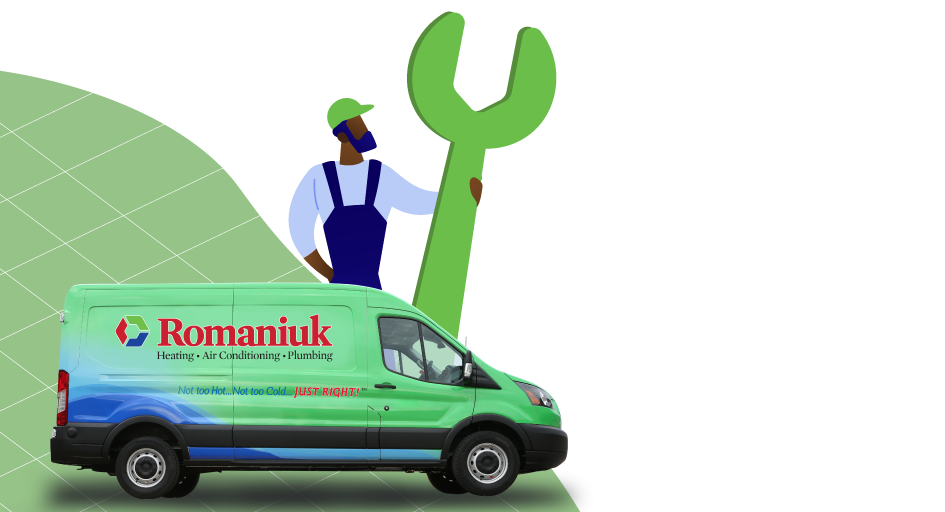 Illustration of man with giant wrench standing by Romaniuk truck