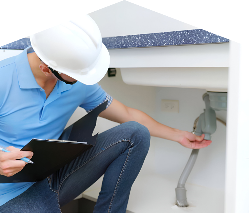 Romaniuk plumbing specialist wearing a white hard hat, blue polo, and jeans, holding a clipboard while inspecting pipes under a sink for a water leak detection check. Romaniuk plumbing specialist wearing a white hard hat, blue polo, and jeans, holding a clipboard while inspecting pipes under a sink for a water leak detection check.